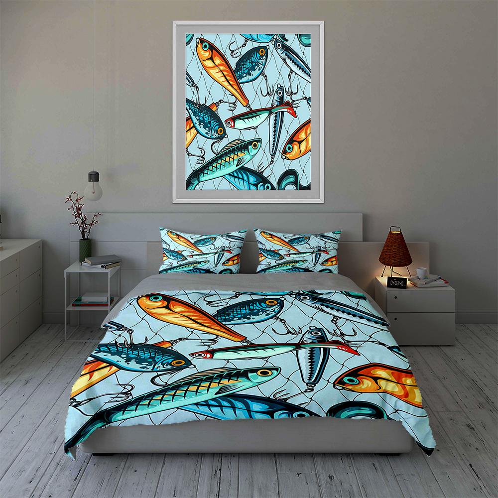 Fishing Lure Pattern Bedding Duvet Cover Sets Duvet Covers Pillowcases, Birthday Gifts (1 * Duvet Cover 2 * Pillowcases, Without Duvet Insert)