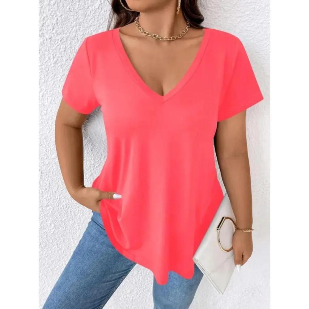 Plus Size Spring Summer Women's Casual Solid V-neck Short Sleeved T-shirt Women Comfortable and Fashionable T-shirt