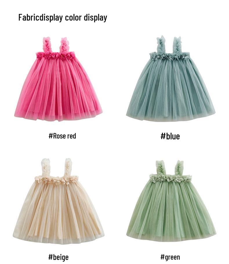 Rochie de Plajă Summer cu Bretele din Plasă și Flori 3D pentru Fete Dulci - Fustă Pufoasă de Prințesă pentru Bebelușe.
