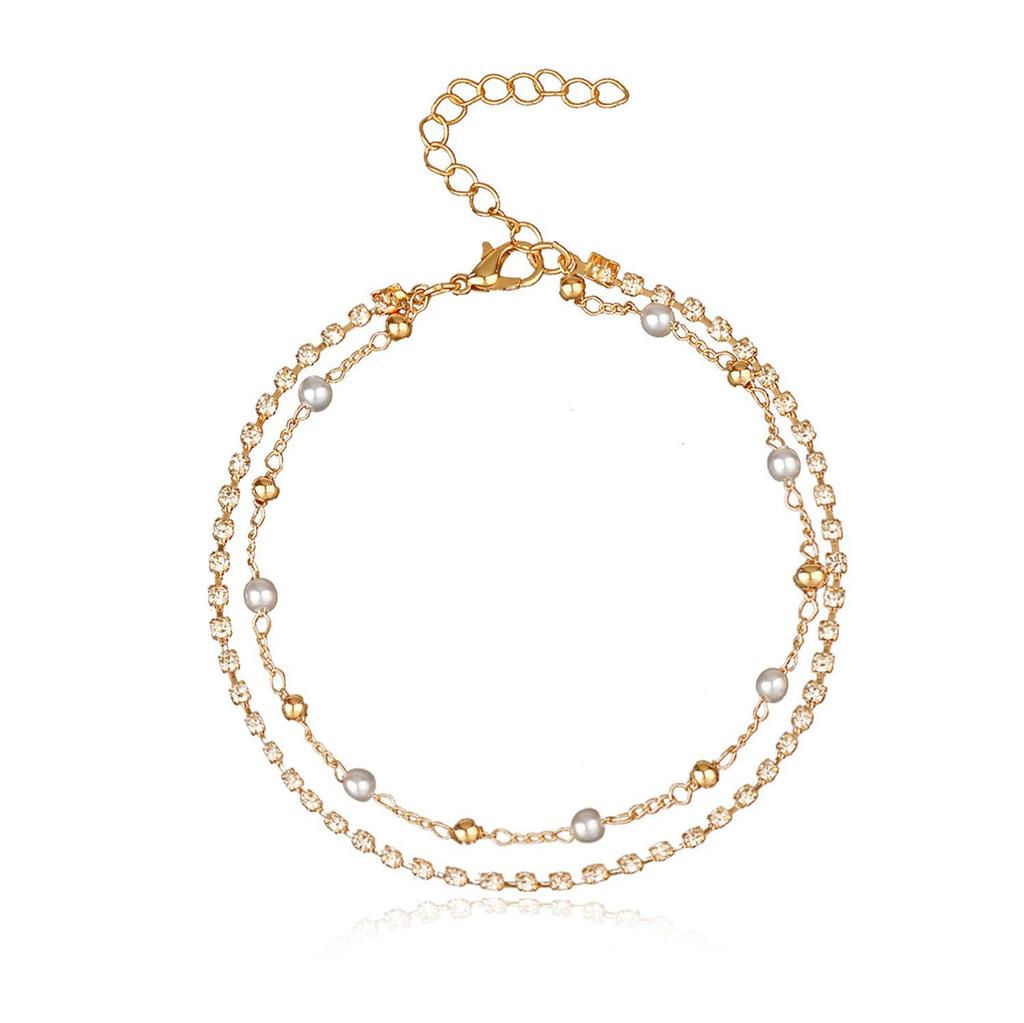 Europe, America, pearl double-layer bead chain alloy anklet women, fashionable handmade diamond-encrusted beach anklet foot decoration