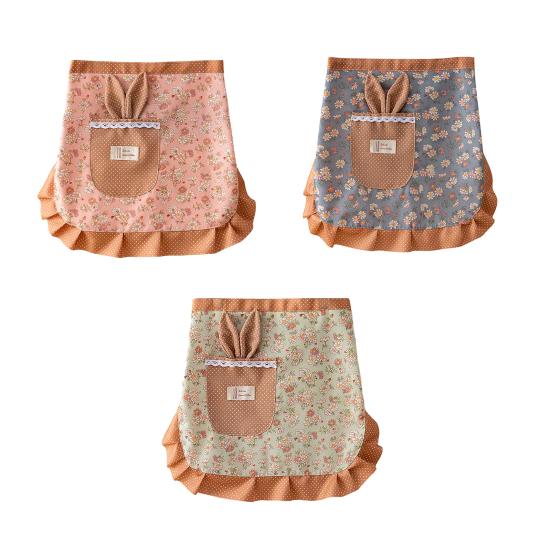 Bunny Ear Half Apron with Pockets Water-Resistant Waist Apron for Kitchen Gardening Adjustable Ties Cute Floral Print Cooking Apron
