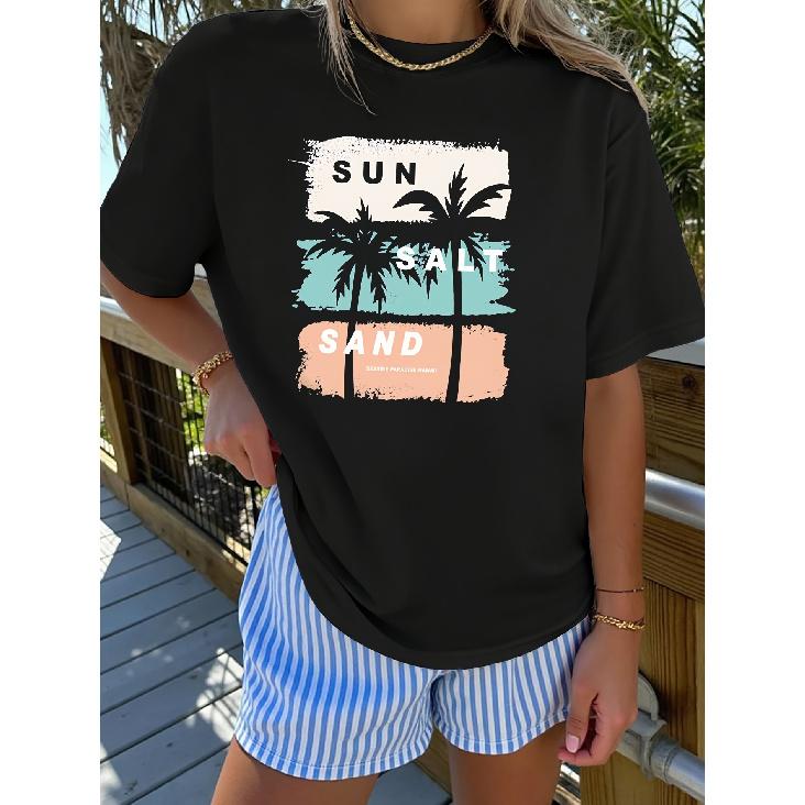 Elegant short-sleeved shirt for women Hawaiian vacation-themed printed round-neck women's shirt T The shirt is suitable for spring and summer