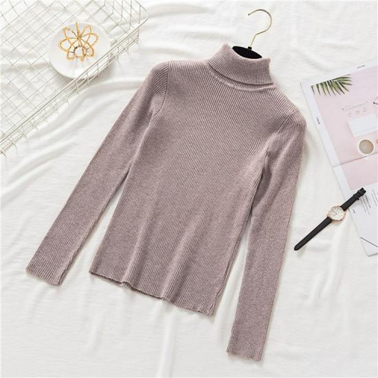 2025 Autumn/Winter Women's High Neck Pullover Sweater, Long Sleeve, Slim Fit, Solid Color Knitwear