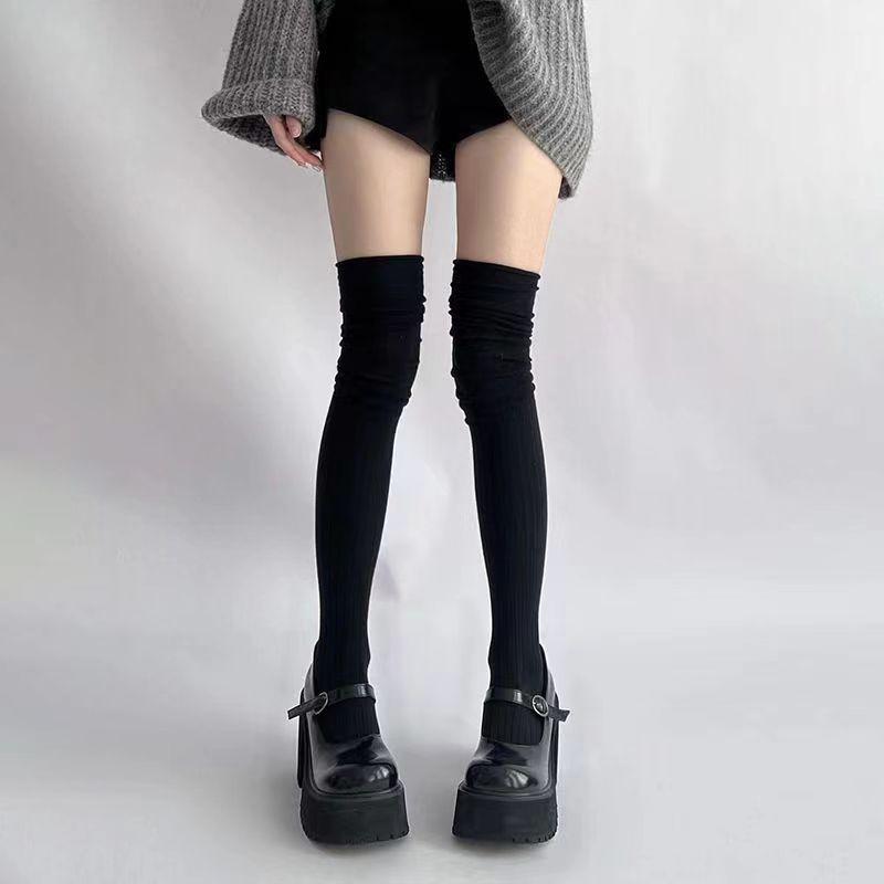 1 Paar Stiefelsocken Herbst/Winter Unifarben Oberschenkelhoch Spitze Niedlich Lolita Warme Strümpfe Sexy Schwarz Weiß Lange Beinsocken für Damen