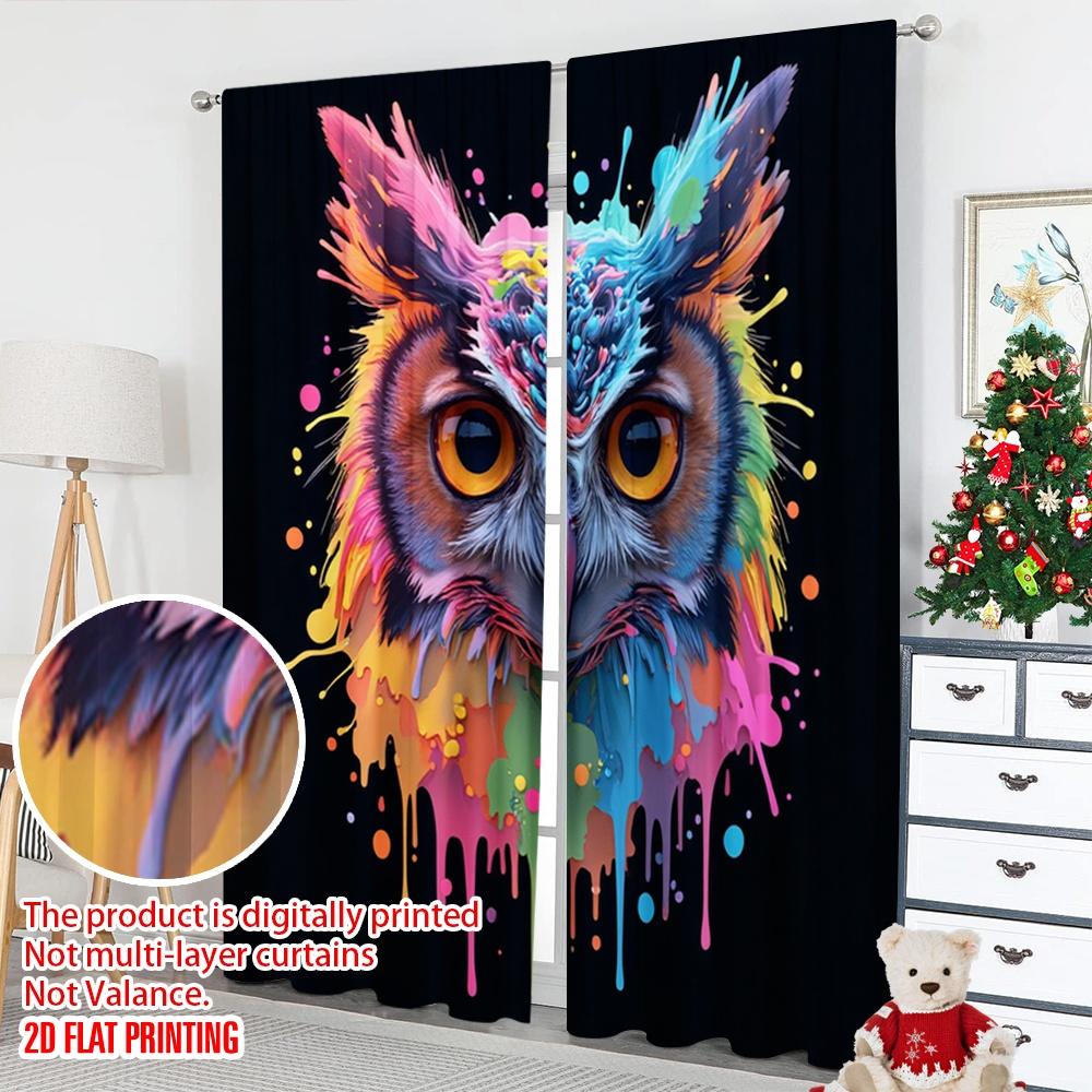 Set Of 2 Flat Printing Window Curtains Colorful Owl Paint Drip Digital Printed Polyester Drapes Family Party Decoration Made