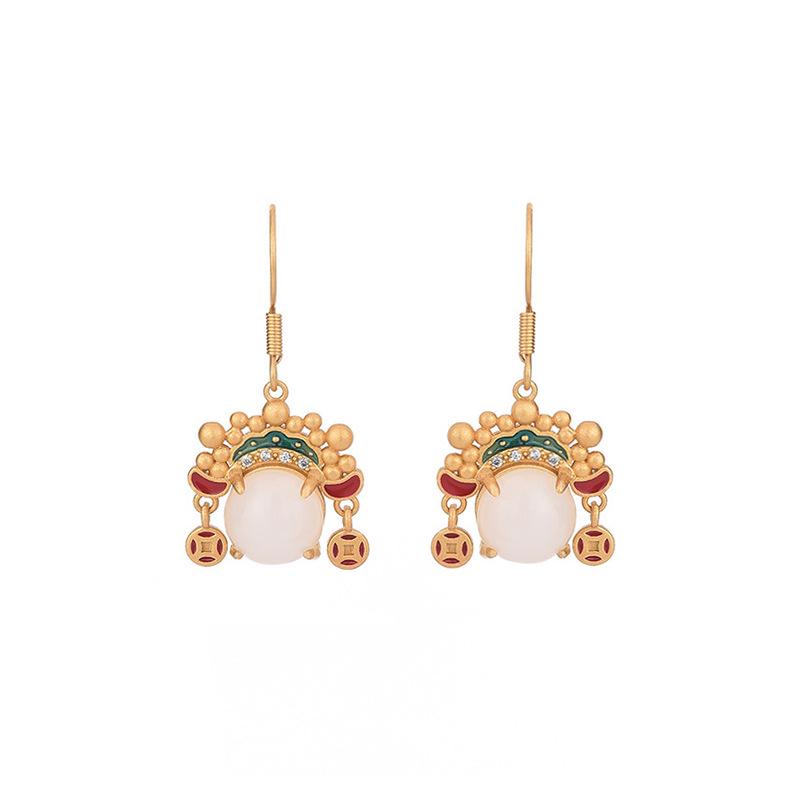 Ancient Gilded Hetian Jade Chinese Earrings: Drama Hua Dan Studs for Women's Qipao/Hanfu.