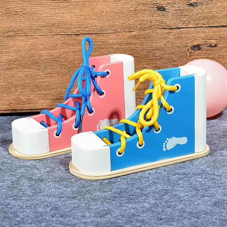 Montessori Wooden Lacing Shoe Toy for Kids