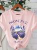 Light Purple Lavender Print Casual Fashion T-Shirt with PROVENCE Graphic Soft FabricSlightly Stretchy Round Neck Short Sleeve