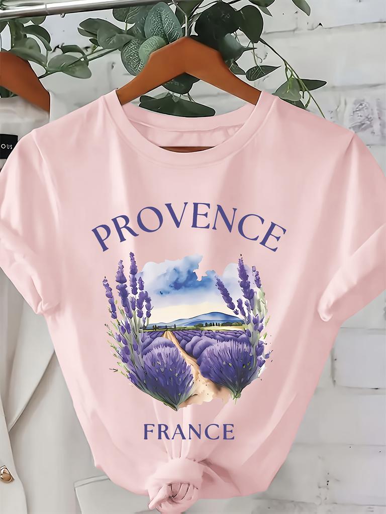 Light Purple Lavender Print Casual Fashion T-Shirt with PROVENCE Graphic Soft FabricSlightly Stretchy Round Neck Short Sleeve