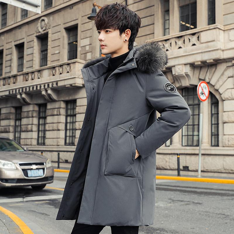 

Куртка-пуховик с капюшоном для мужчин, средняя и длинная, белый утиный пух, модный тренд, утолщенное теплое зимнее пальто для мужчин среднего возраста и молодежи M серый