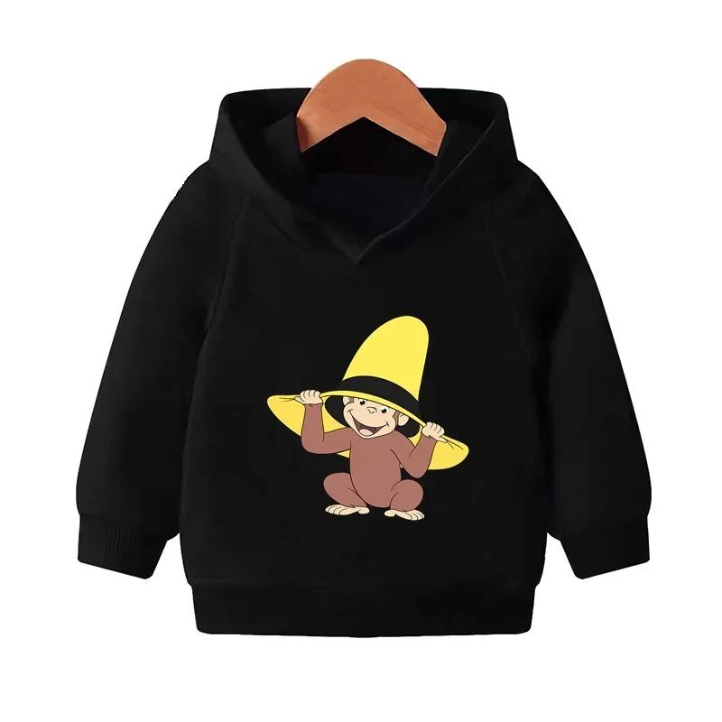 Curious George Cute Monkey Print Funny Kids Hooded Hoodies Girls Clothes Children Sweatshirts Autumn Baby Pullover Tops