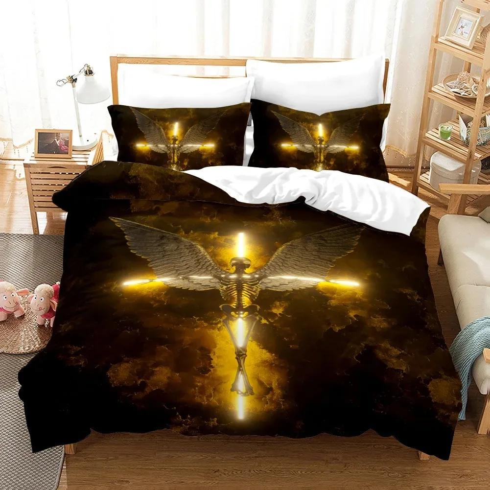 Skull Duvet Cover King Queen Christ Religious Themed Quilt Cover Teens Adults Scary Skeleton Jesus Death Polyester Bedding Set