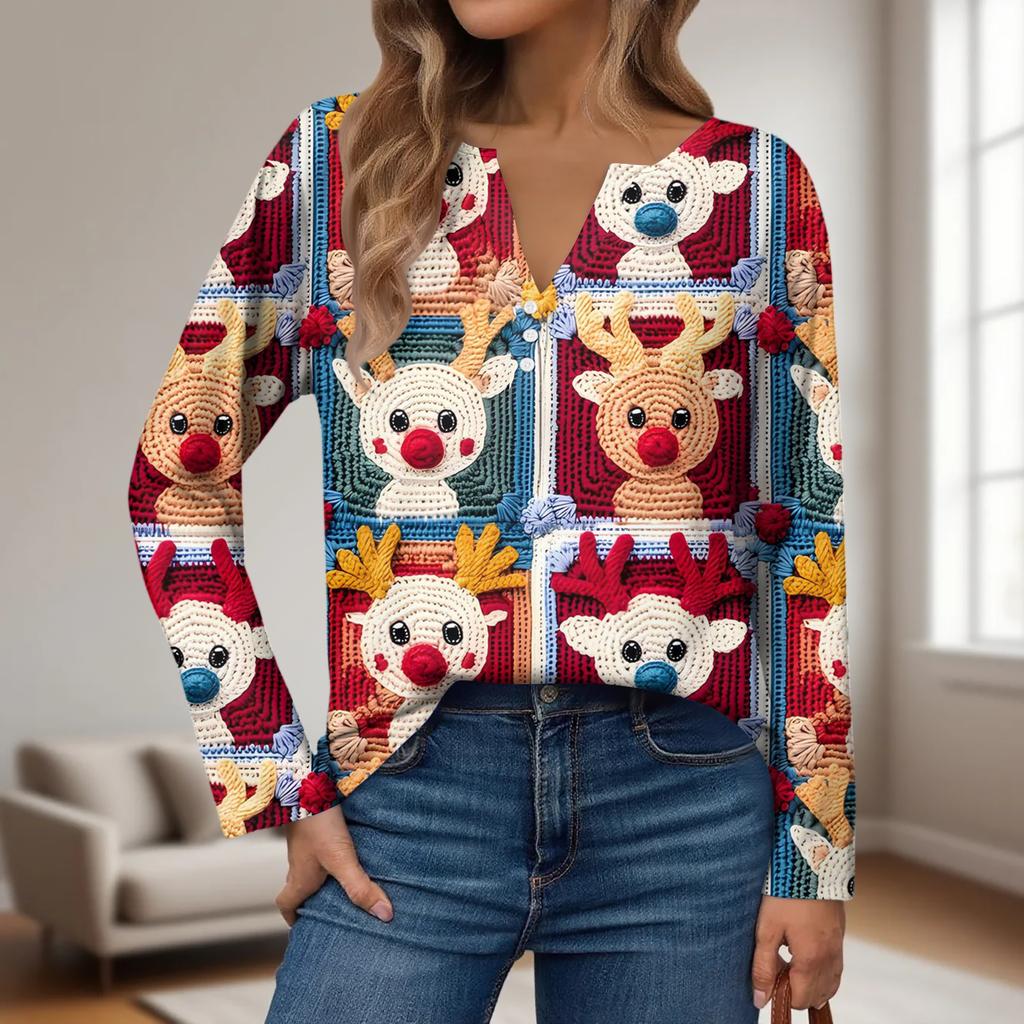 Women's Fashion Casual V-Neck Button-Up Long-Sleeve T-Shirt With Christmas Print Top