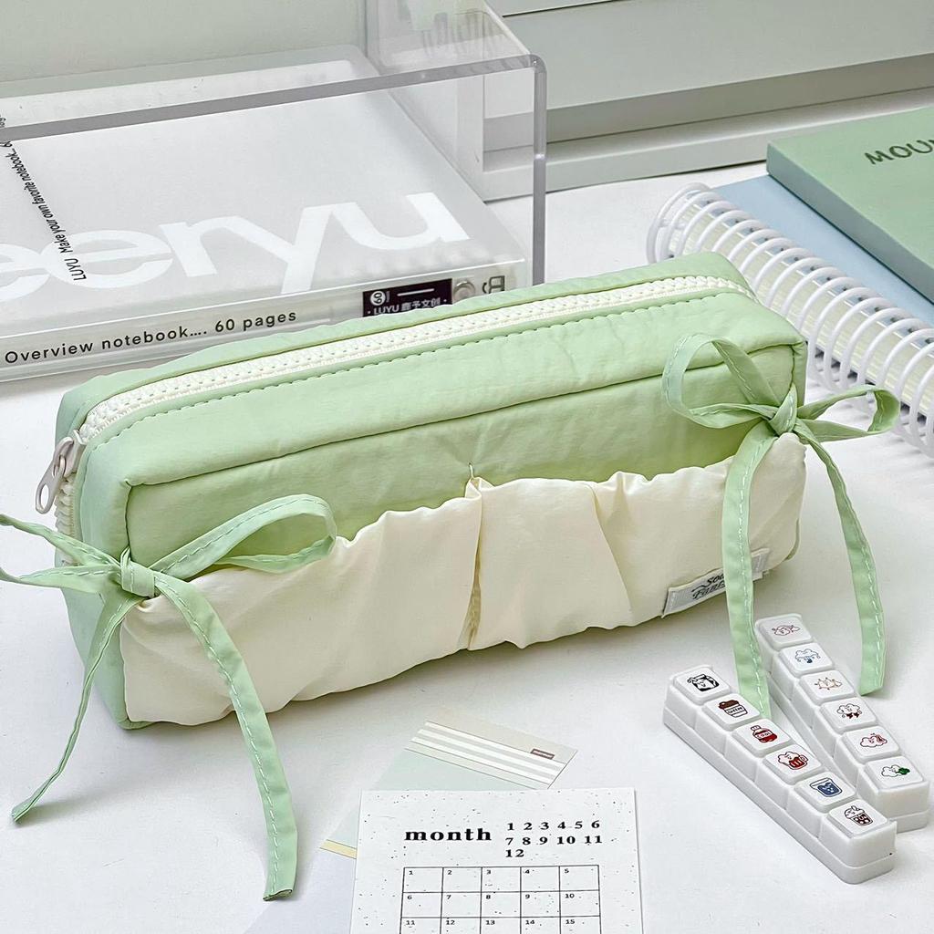 Cloud Toast Ribbon Bow Pencil Case, White-Green, Xiaohongshu Inspired