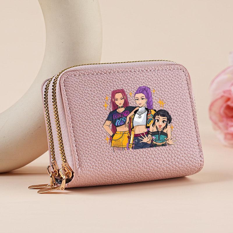 Kpop Hunter Witch Crew Classic Pebble Leather Coin Purse Short Accordion Wallet with Dual Zippers, Multi-Slot Card Holder