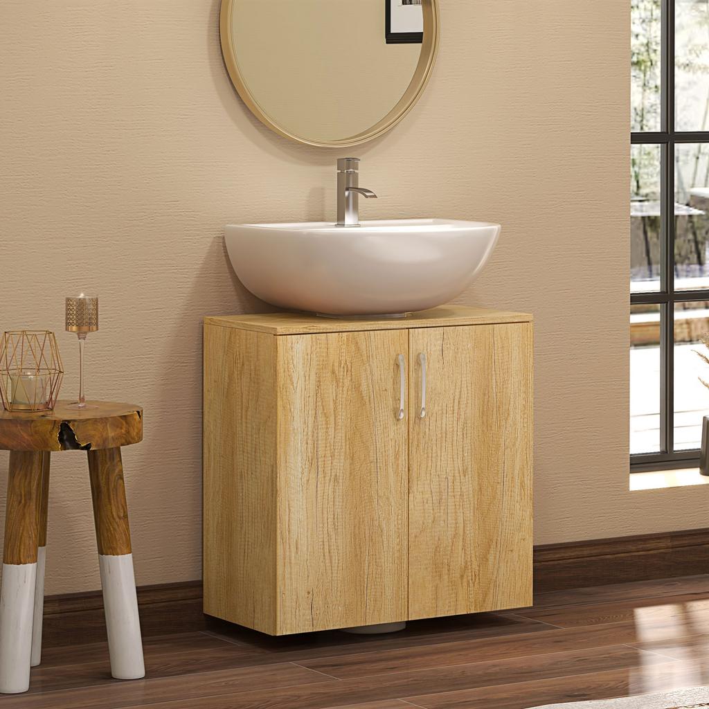 Suspended Under-Sink Bathroom Cabinet with 2 Doors and 2 Shelves in Wood, Natural Color