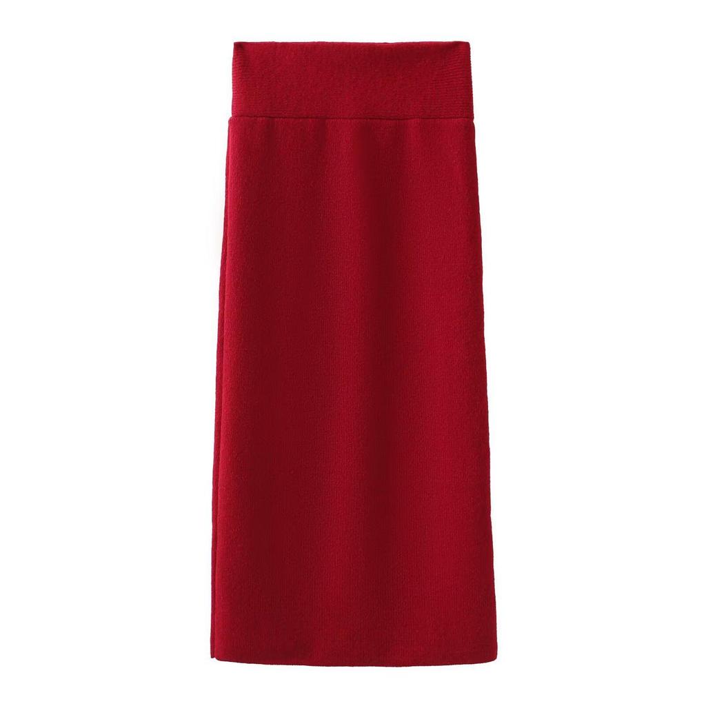 Burgundy European & American Style Winter 2024 Women's Sweater & Midi Skirt Set