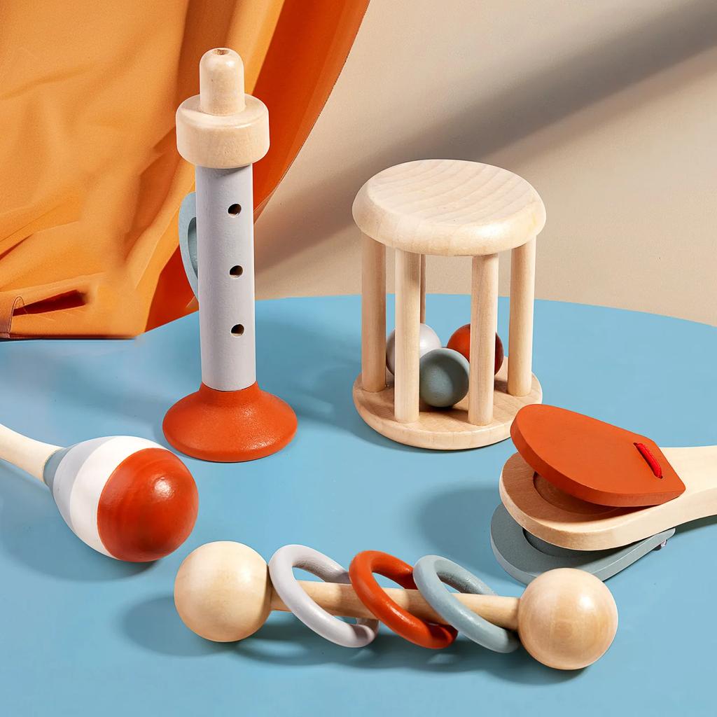 5pcs Orff Musical Instrument Toys Set Wooden Castanets Shake Music Toys Educational Montessori Toys for Kids Gift