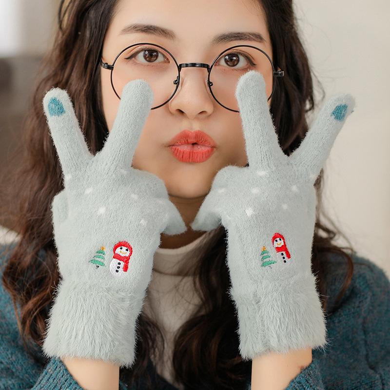 Touch screen gloves women's autumn and winter cute knitted cartoon plush thickened wool finger gloves winter riding warm