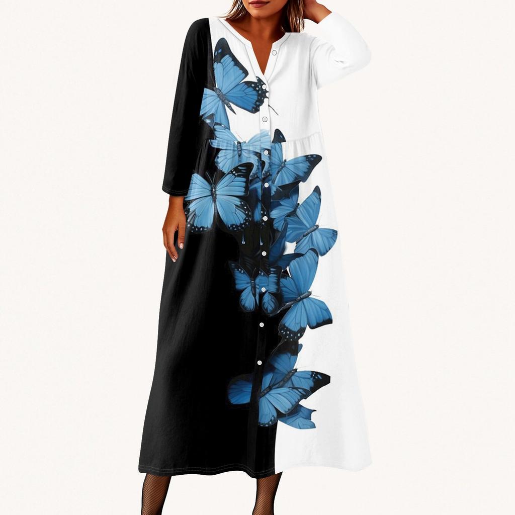 Women's Fashionable Printed Round Neck Seven Quarter Sleeve Button Loose Shirt Dress