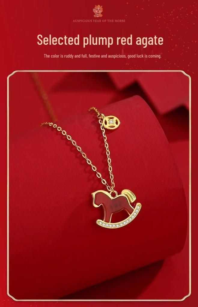 Gold-Plated Zodiac Necklace: 2026 Year of the Horse Red Pendant Clavicle Chain