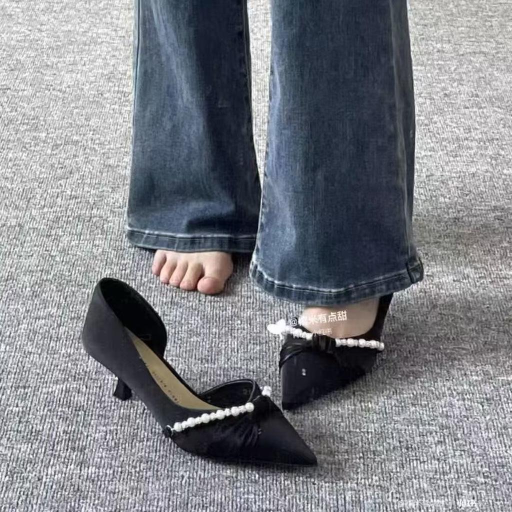 High Heels Women's Pointed Toe Thin Heel Summer 2025 New Solid Color Bow Design Sense Niche Fashion Single Shoes Women