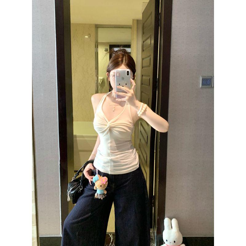 Kumikumi Design Sense Apricot Twisted Ribbon Halter Top Women Summer Chic Age-Reducing Slim fit Slimming Top