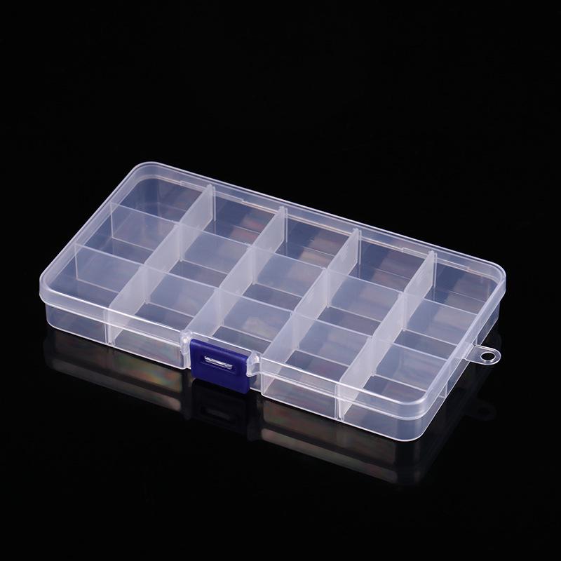 

Compact 15-compartment detachable plastic storage box for jewelry, pills, makeup, sewing supplies, or fishing gear.