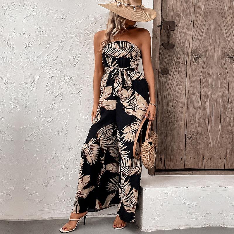 Leisure Vacation Tropical Wind Leaf Printed Tube Jumpsuit