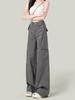 Women's Gray Wide-Leg Cargo Pants, Retro High-Waisted Slimming Jeans for Spring/Autumn 2025