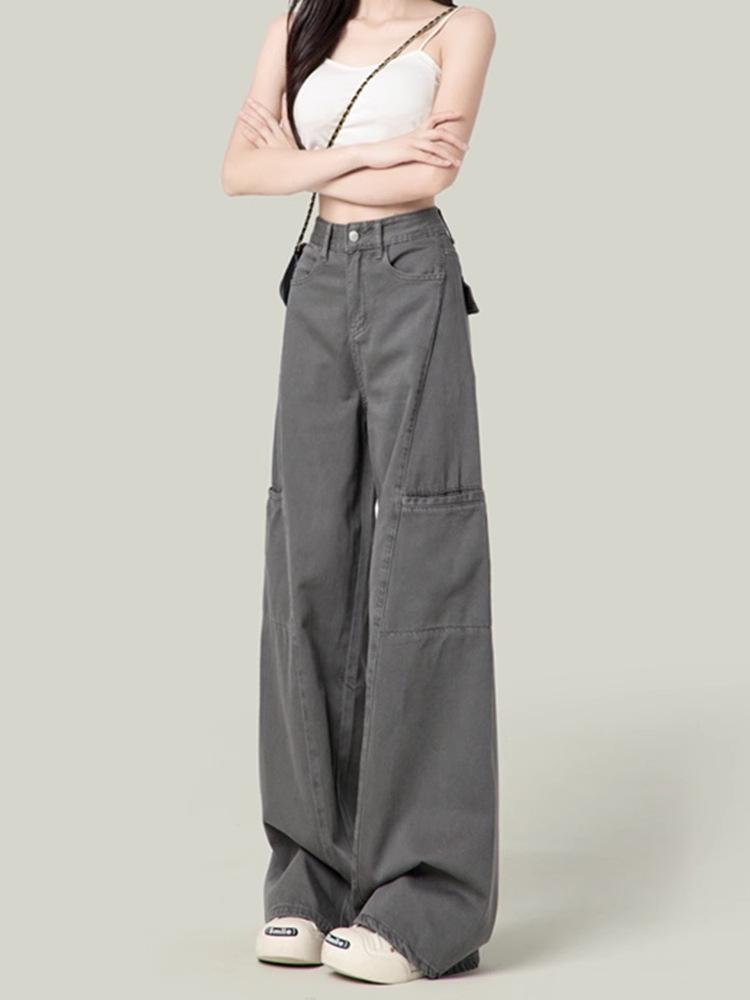 Women's Gray Wide-Leg Cargo Pants, Retro High-Waisted Slimming Jeans for Spring/Autumn 2025