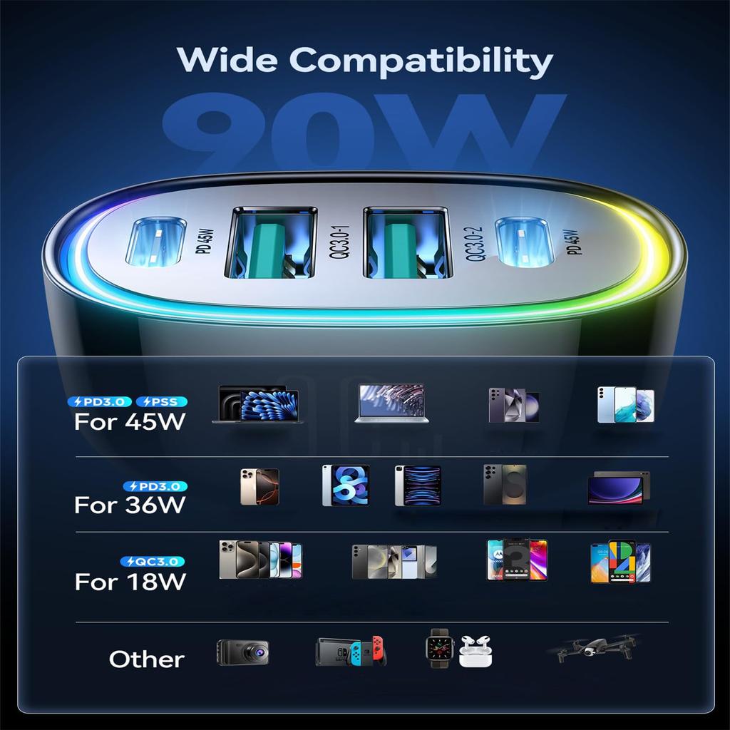 Car Charger USB C, 4 Port Car Charger Adapter For Phone Fast Charging, Road Trip Fast Lighter Adapter