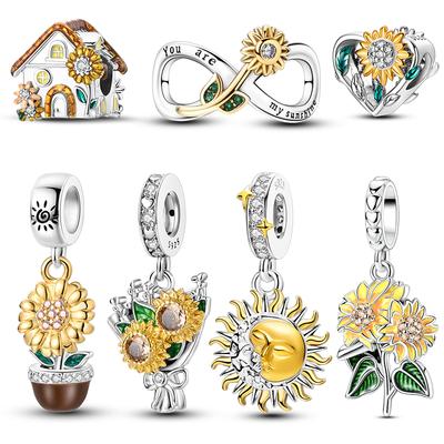 Copper Golden Sunflower Pendant Heart Shape Charm Bead Fits Genuine Bracelets Beautiful Jewellery Gift Crafting