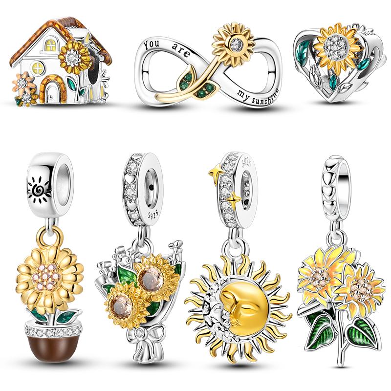 Copper Golden Sunflower Pendant Heart Shape Charm Bead Fits Genuine Bracelets Beautiful Jewellery Gift Crafting