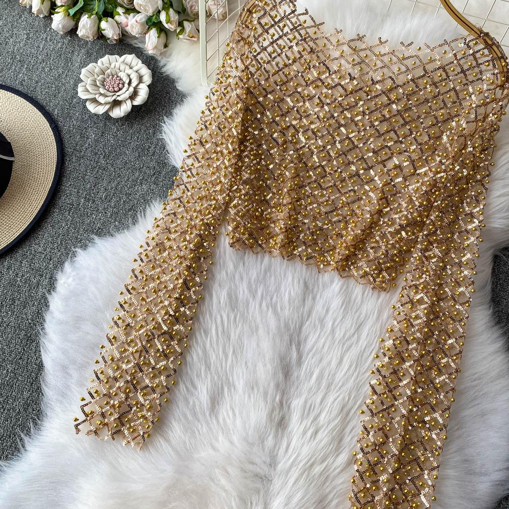 Iny Sequin Long Sve Round Ne Ort T-irt Women's Slim Fit Sli Korean Sle Commute Pure Color Summer Top