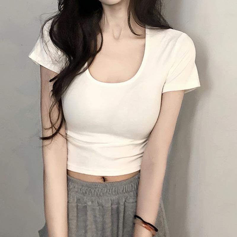 Women's Slim Fit Cotton U-Neck Crop Top - Spring/Summer Short Sleeve Tee