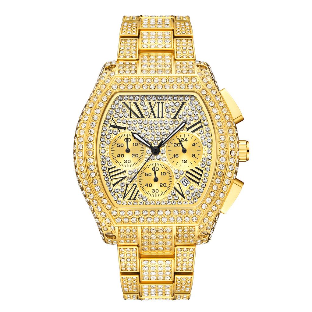 Gold Watch For Men Hip Hop Bling Bling Tonneau Quartz Watches For Large Man Waterproof Millerable Hand Clock Gift