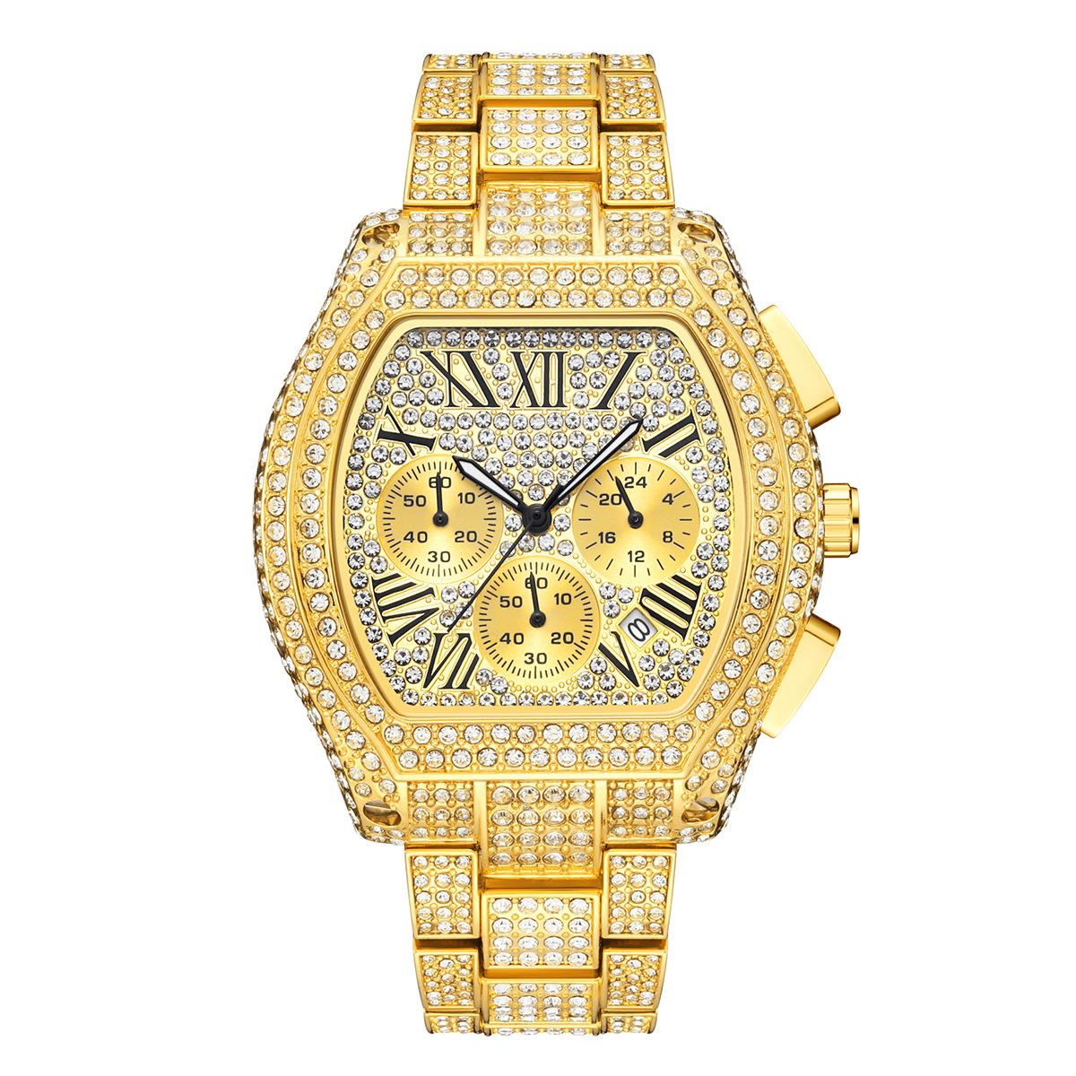 

Золотые часы для мужчин Хип-хоп Блинг Блинг Бочкообразные Кварцевые часы для крупного мужчины Водонепроницаемые Регулируемые Ручные часы Подарок золотой