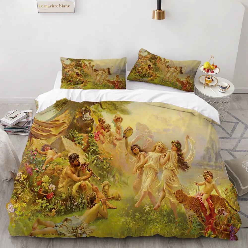 2/3 Pieces Angel Oil Painting Bedding Set Ancient Art Duvet Cover Cartoon Warm Bed Quilt Cover Kids Bedroom Bed Cover Set Green