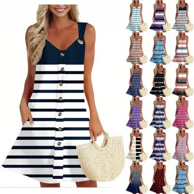 Women's Summer Dress With Pocket Sleeveless Spring Striped Print Sundress