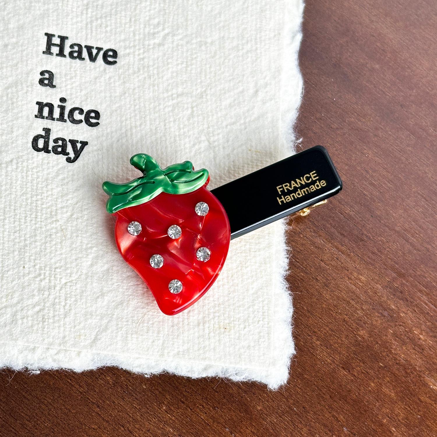 

Quality Premium Acetate Fruit Duckbill Hair Clip With Dazzling Rhinestones For Fashion Womens Strawberry 5.3cm