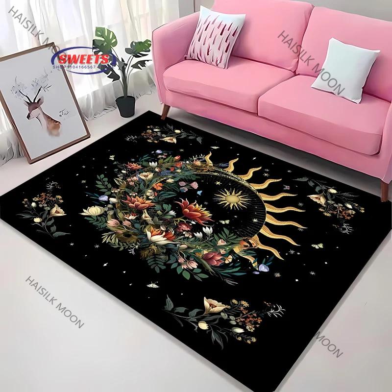 3D Himmlischer & Floraler Kunstbereichsteppich – Rutschfester Teppich für Schlafzimmer oder Wohnzimmer – Mond Sonne Blume Totem Bodenmatte, Heimdekor
