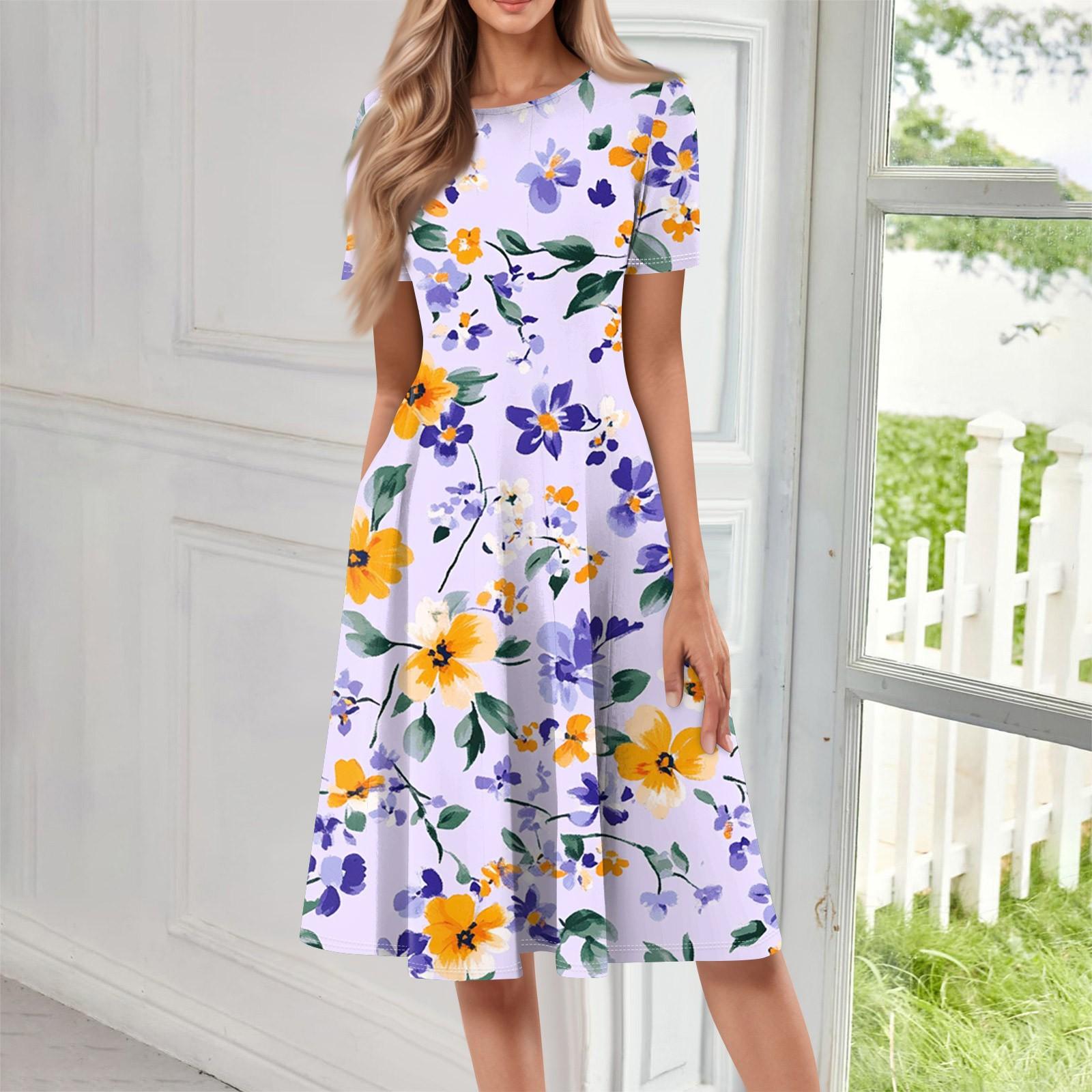 

Женское свободное повседневное и модное платье с круглым вырезом и короткими рукавами, средней длины с принтом XXXL фиолетовый