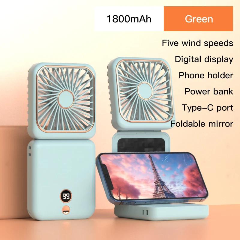 3-in-1 Mini Portable Fan Hanging Neck Fan Handheld Fan & Foldable Mirror with Power Bank, Silent Fan Compact & Portable for Summer Sports