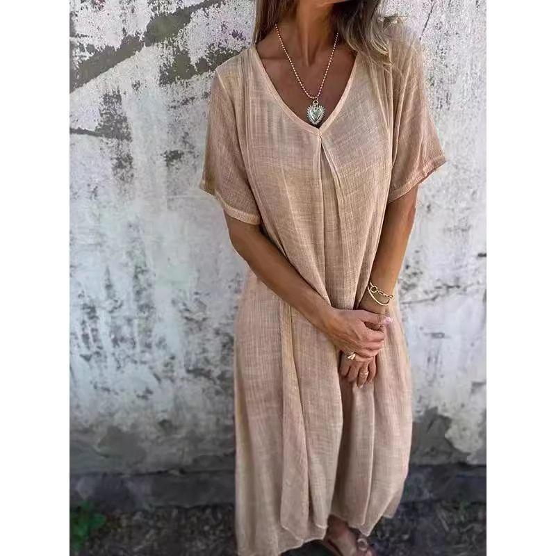 Short Sleeve V-neck Solid Color Dress Women's Short Sleeve V Neck Pure Color Dress