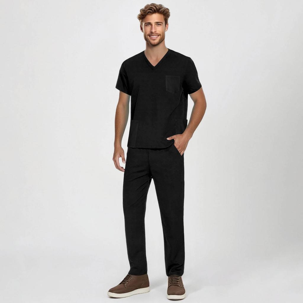 Men's Short-sleeved V-neck Solid Color Printed Breast Pocket Care Top Elastic Waist Trousers Two-piece Work Suit