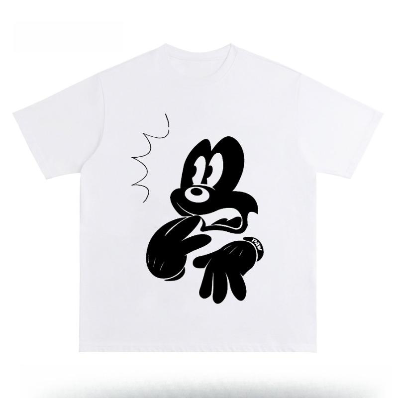 MINISO 2025 New Creative Black and White Mickey Print Women Men Couple Tshirt Casual Loose Y2K Round Neck Womens Top