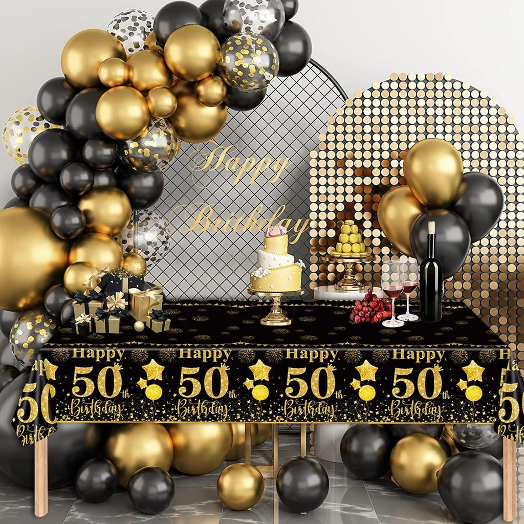 50th Black Gold Birthday Tablecloths Plastic Disposable 2 Pack Table Cloth Happy Party Birthdays Decorations Rectangular Table Cover 54"x108"