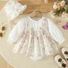 Frühlings-Kleinkind-Strampler Kleidung 0-2J Neuer Baby-Mädchen-Body Blumen-Langarm-Kleid mit Spitzenhut Geschwister-Partner-Outfits
