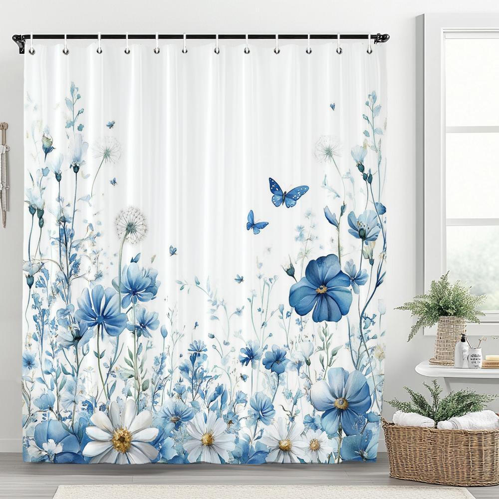 1PC Blue Flowers and Butterflies Shower Curtain,  Floral and Leaf Bathroom Decorative Curtain,Polyester Home Curtain with Hooks